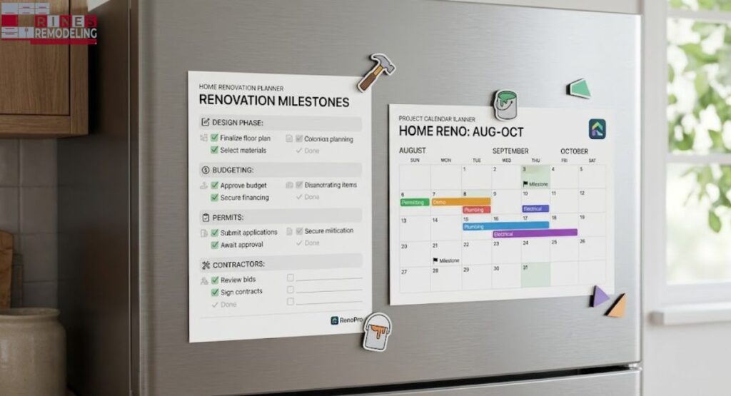 a finished printable checklist pinned to a refrigerator beside a project calendar.